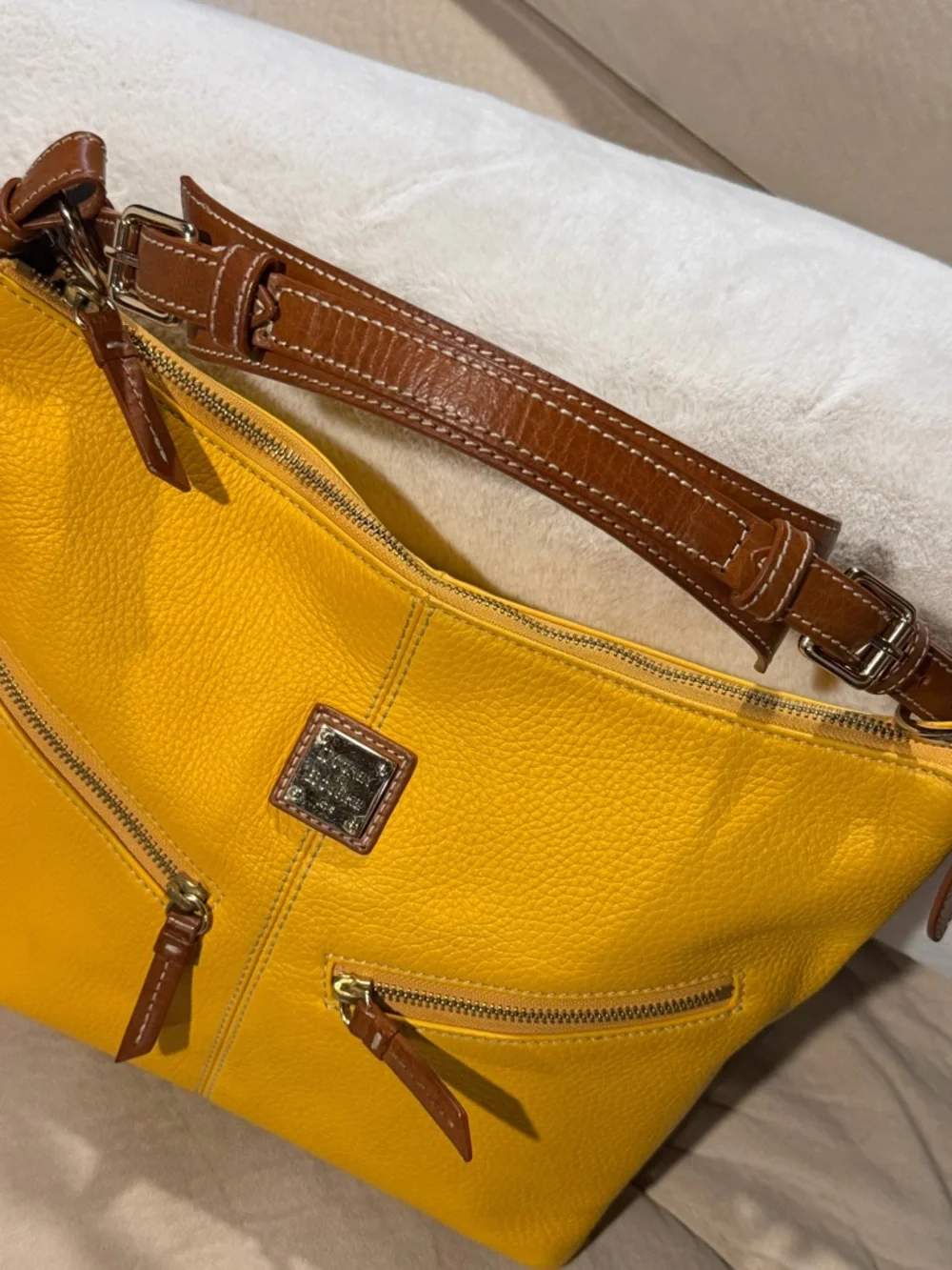 Dooney & Bourke Yellow Pebble Leather Hobo Bag Brown Trim Large Shoulder